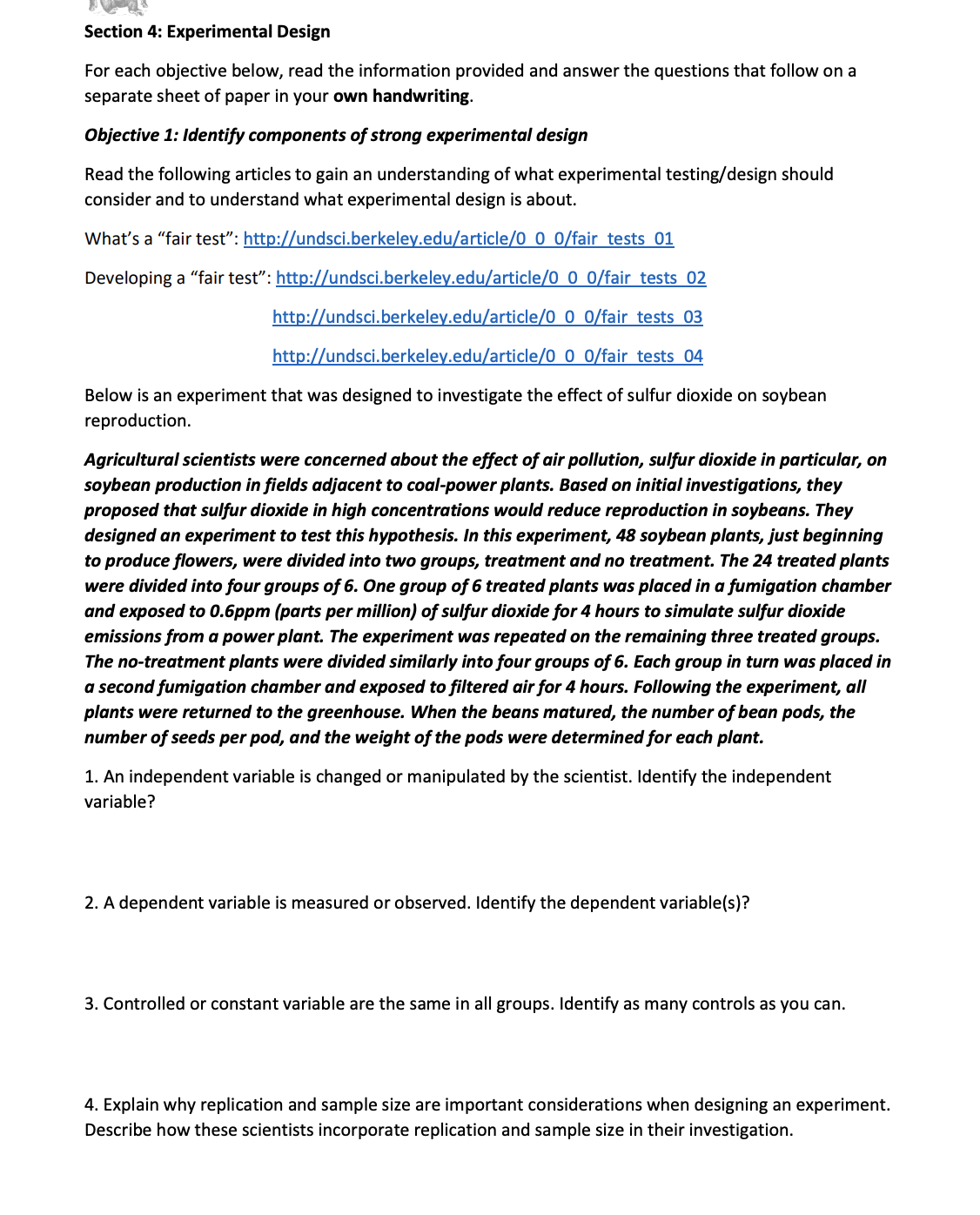  5\" V3.91.\" Section 4: Experimental Design For each objective below, read