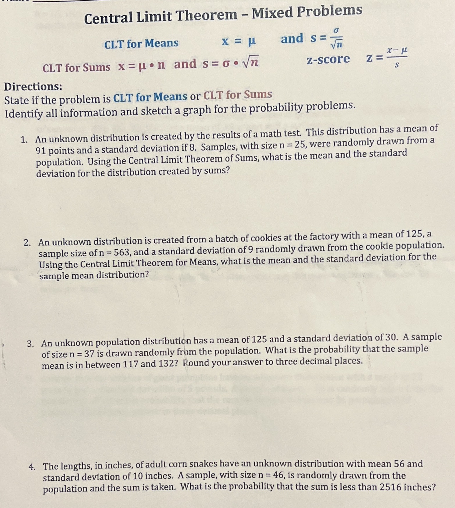 Central Limit Theorem Mixed Problems 0 _- CLT for Means X