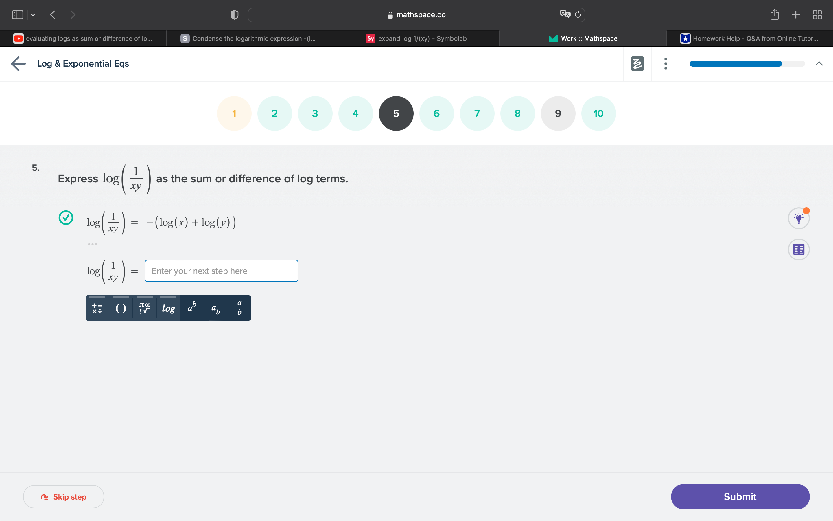 Condense the logarithmic expression -(I... Sy expand log 1/(xy) - Symbolab Work