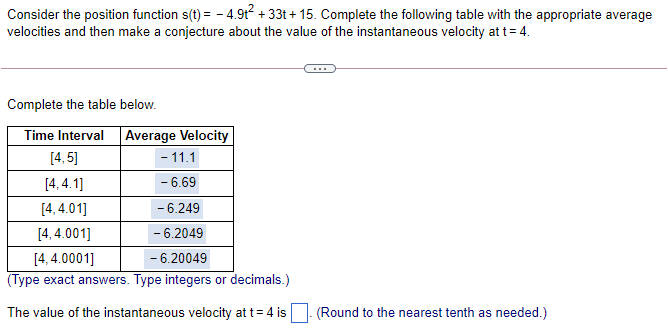 Complete the following table with the appropriate average velocities and then make