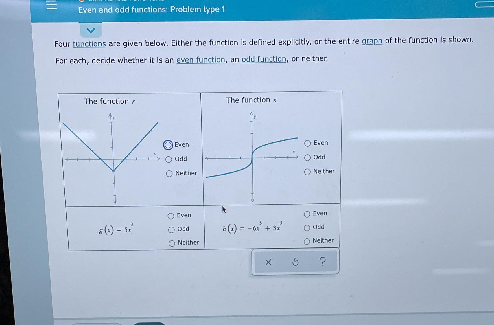  = Even and odd functions: Problem type 1 Four functions are