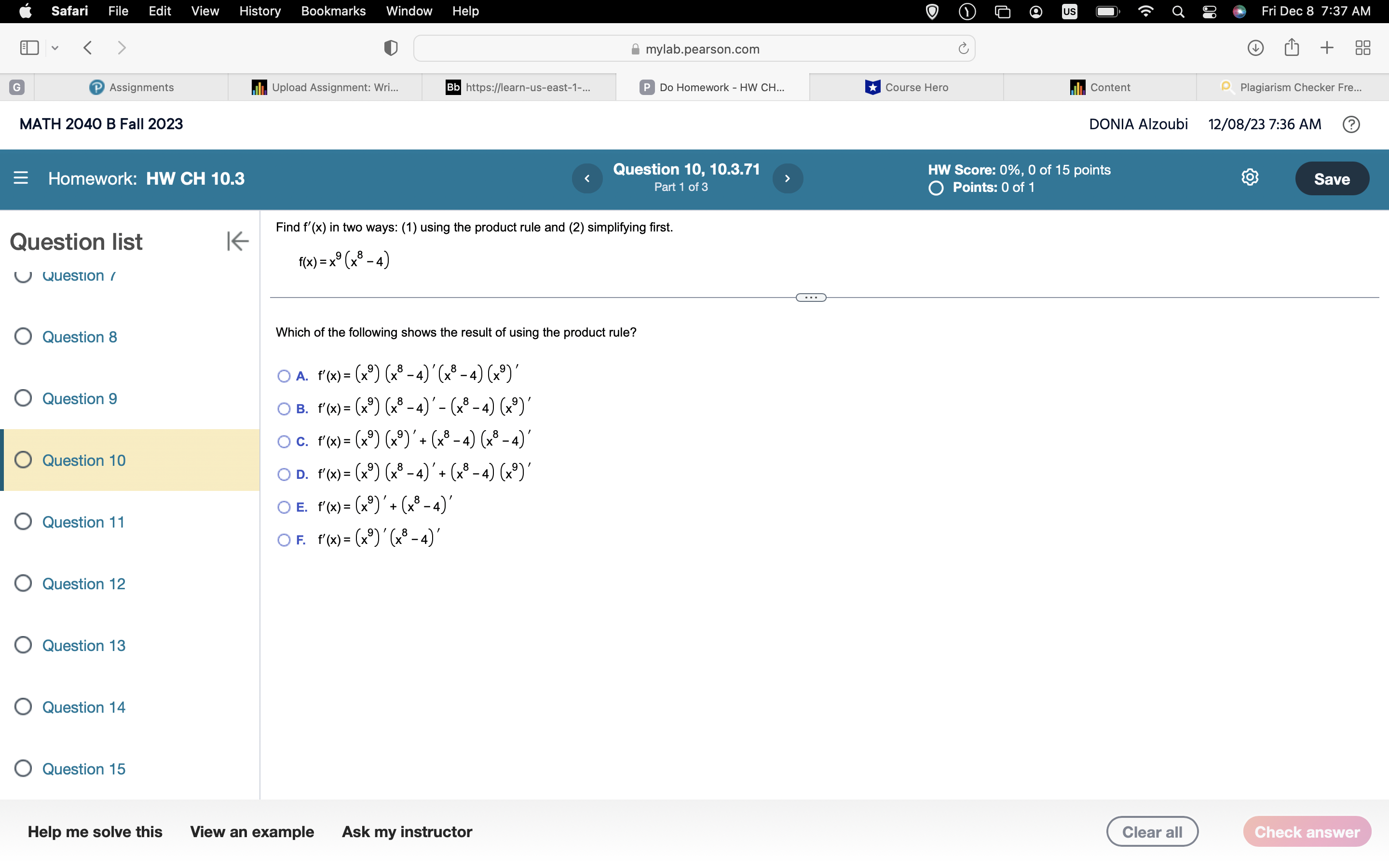 x ) = _ X x - 1 O Question 1 f'