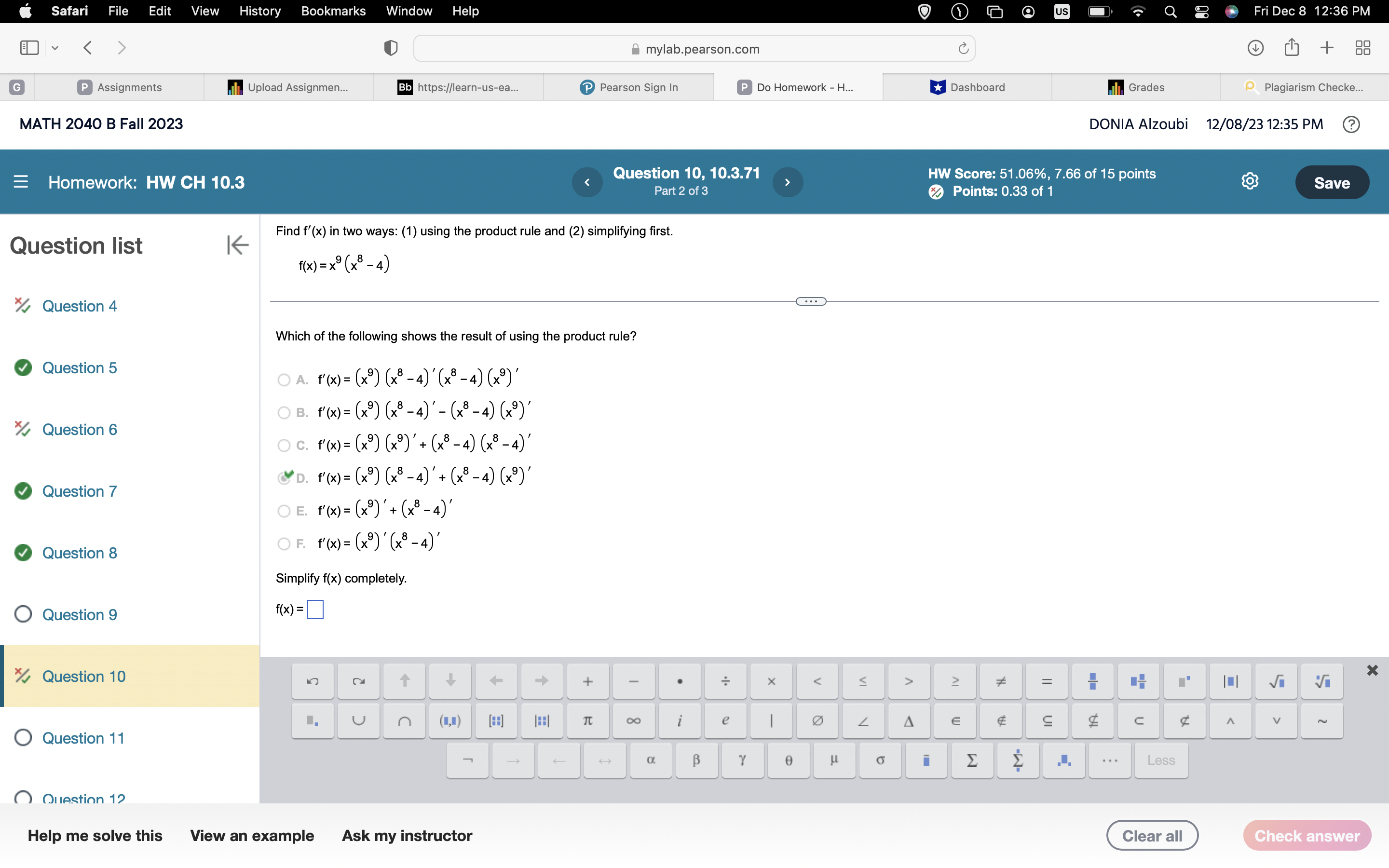 0 of 1 Save Question list K Find f'(x) and simplify. f(x)