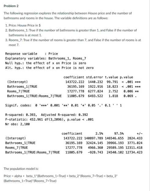 Problem 2 The following regression explores the relationship between House price