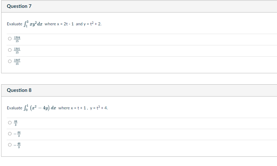 and y = t- + 2. O 1304 15 O 1301 15