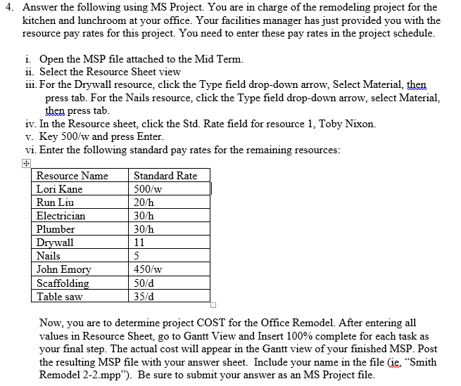facilities manager has just provided you with the resource pay rates for