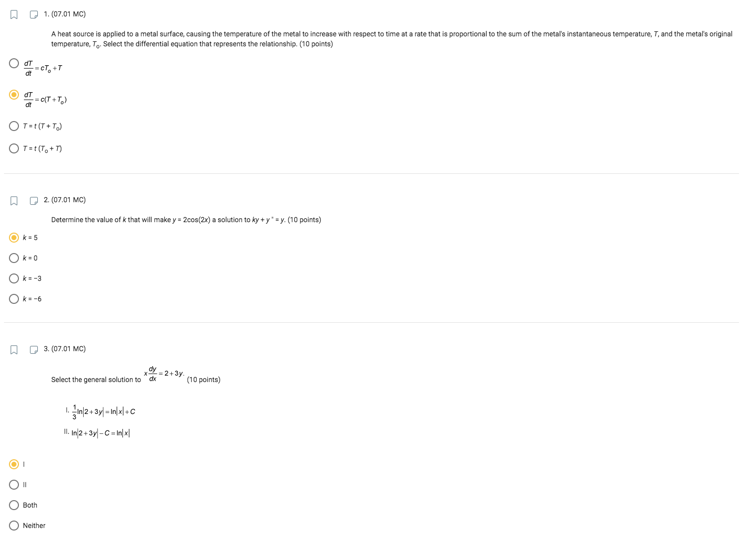 Select the differential equation that represents the relationship. (10 points) di =