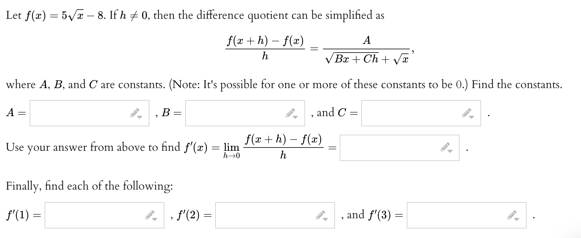 simplified expression to find f'(x) = lim f(act h) - f(ac) =