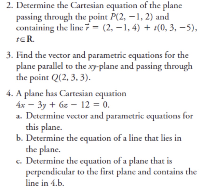 the Cartesian equation of the plane passing through the point P(2, -1,