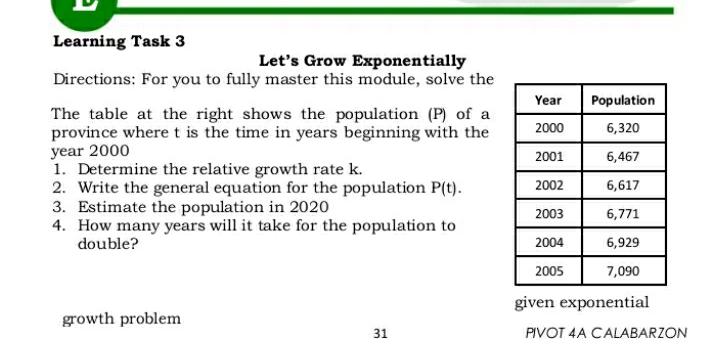 shows the population (P) of a province where t is the time