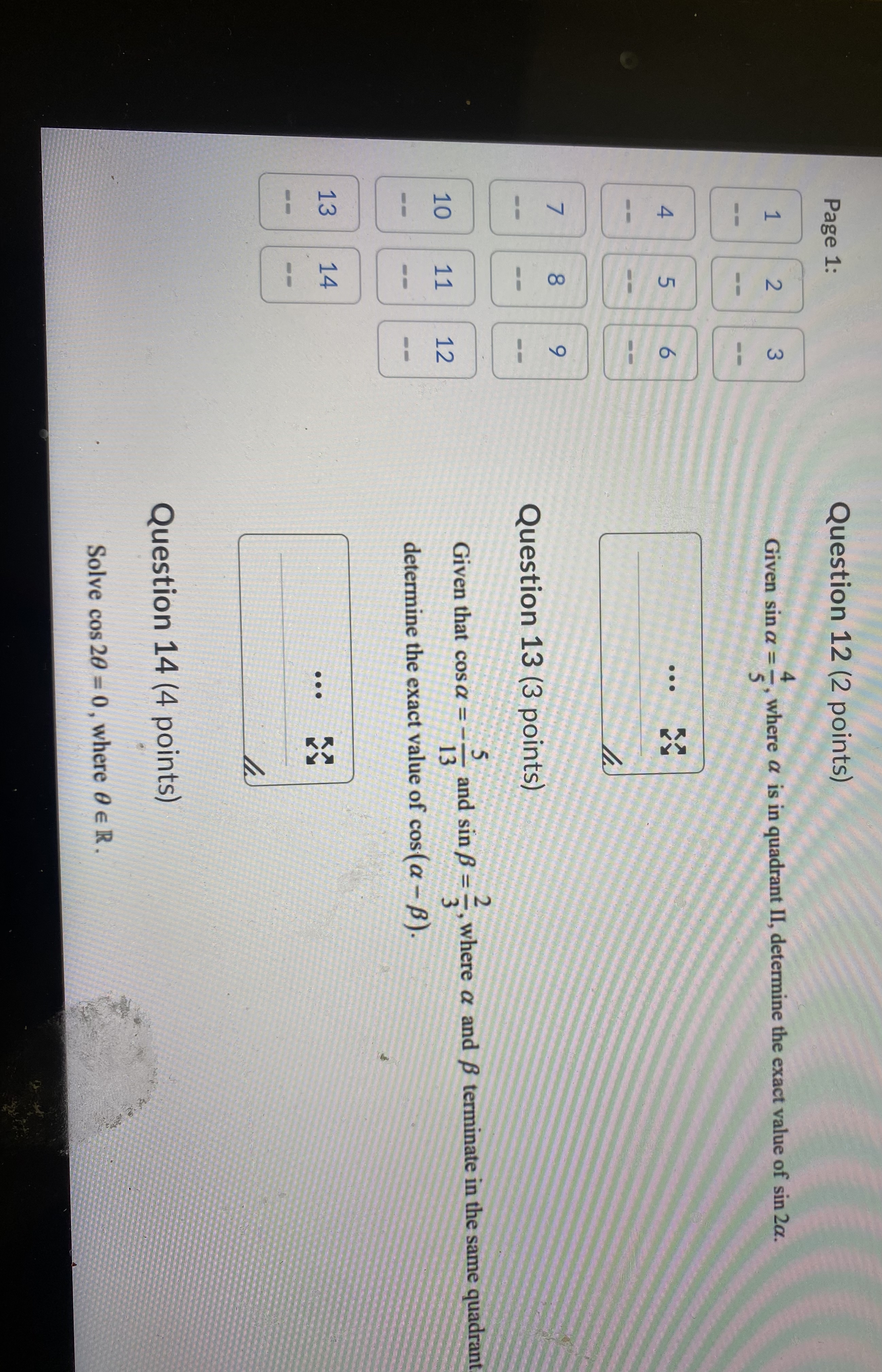 2160 Question 2 (1 point) sin(20) Which expression is equivalent to 2sin-0