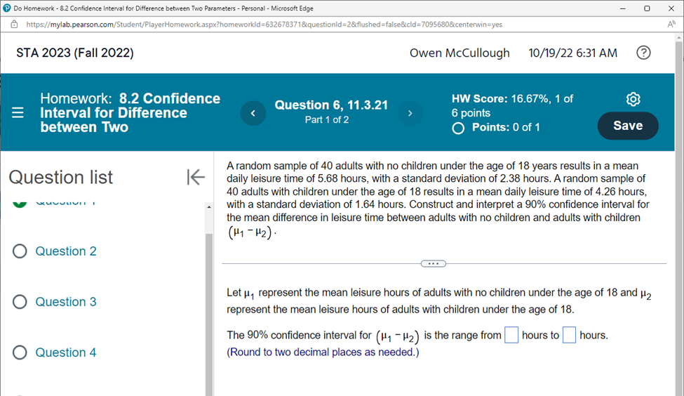 Do Homework - 8.2 Confidence Interval for Difference between Two Parameters