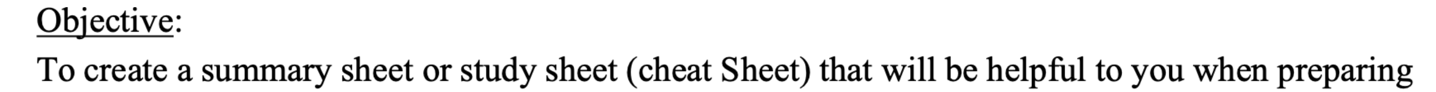  Objective: To create a summary sheet or study sheet (cheat Sheet)