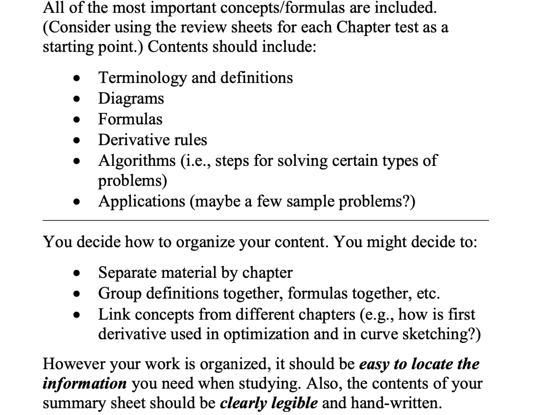 and \fAll of the most important concepts/formulas are included. (Consider using the