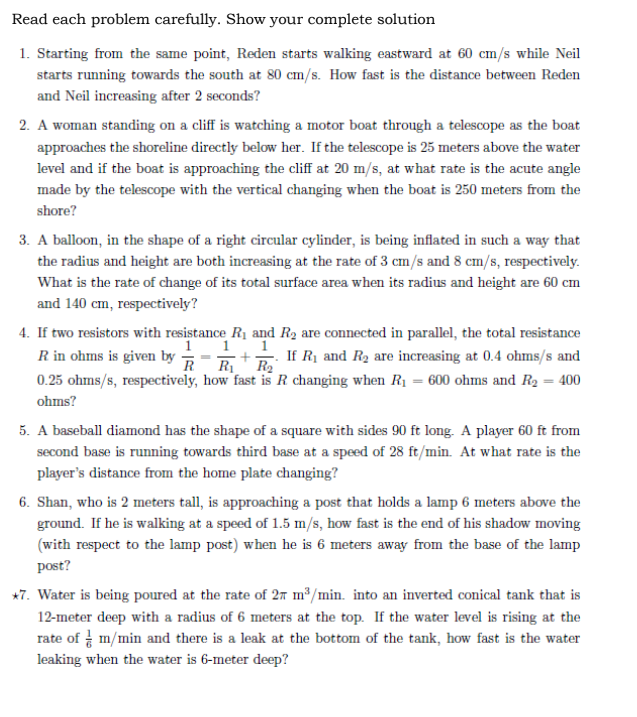  Read each problem carefully. Show your complete solution 1. Starting from