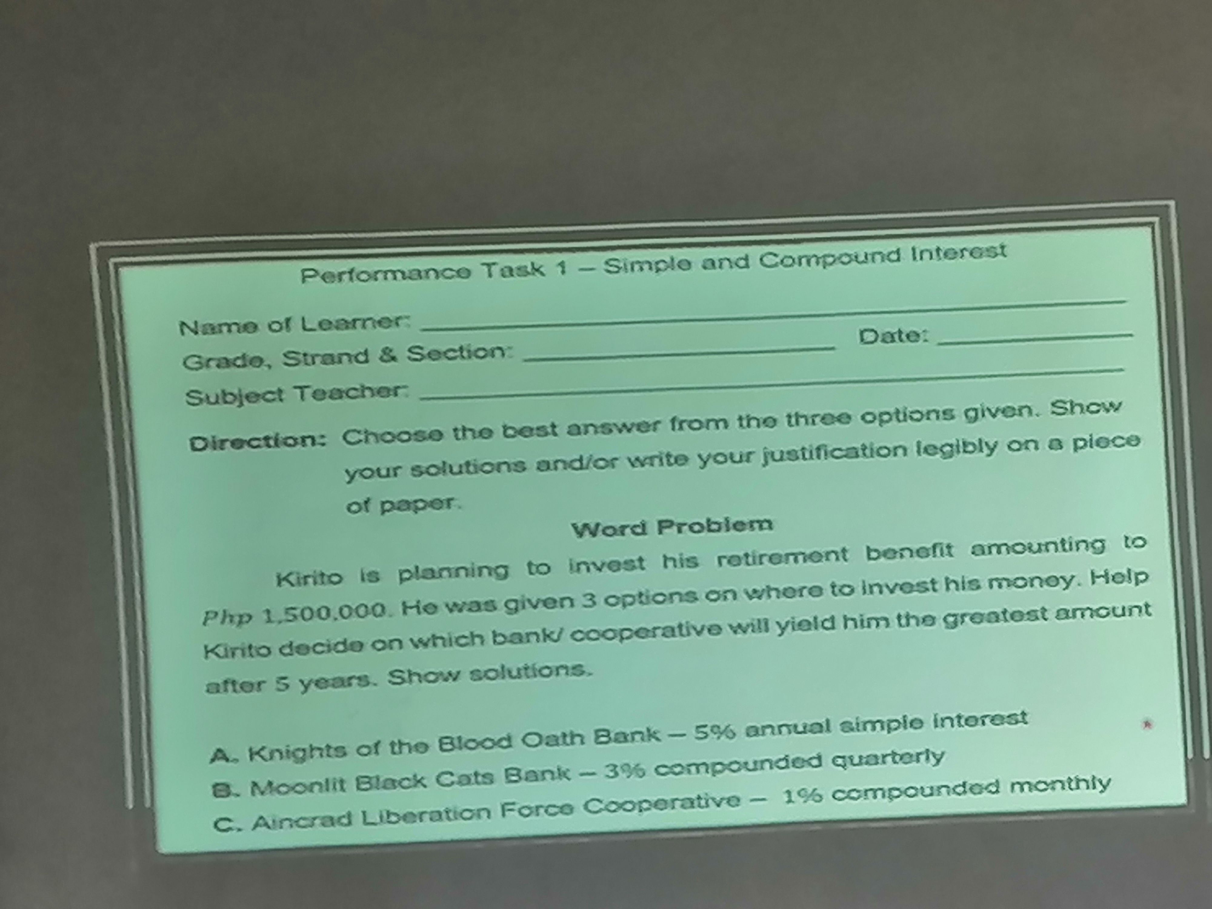 Grado, Strand & Section: Date: Subject Teacher: Direction: Choose the best answer