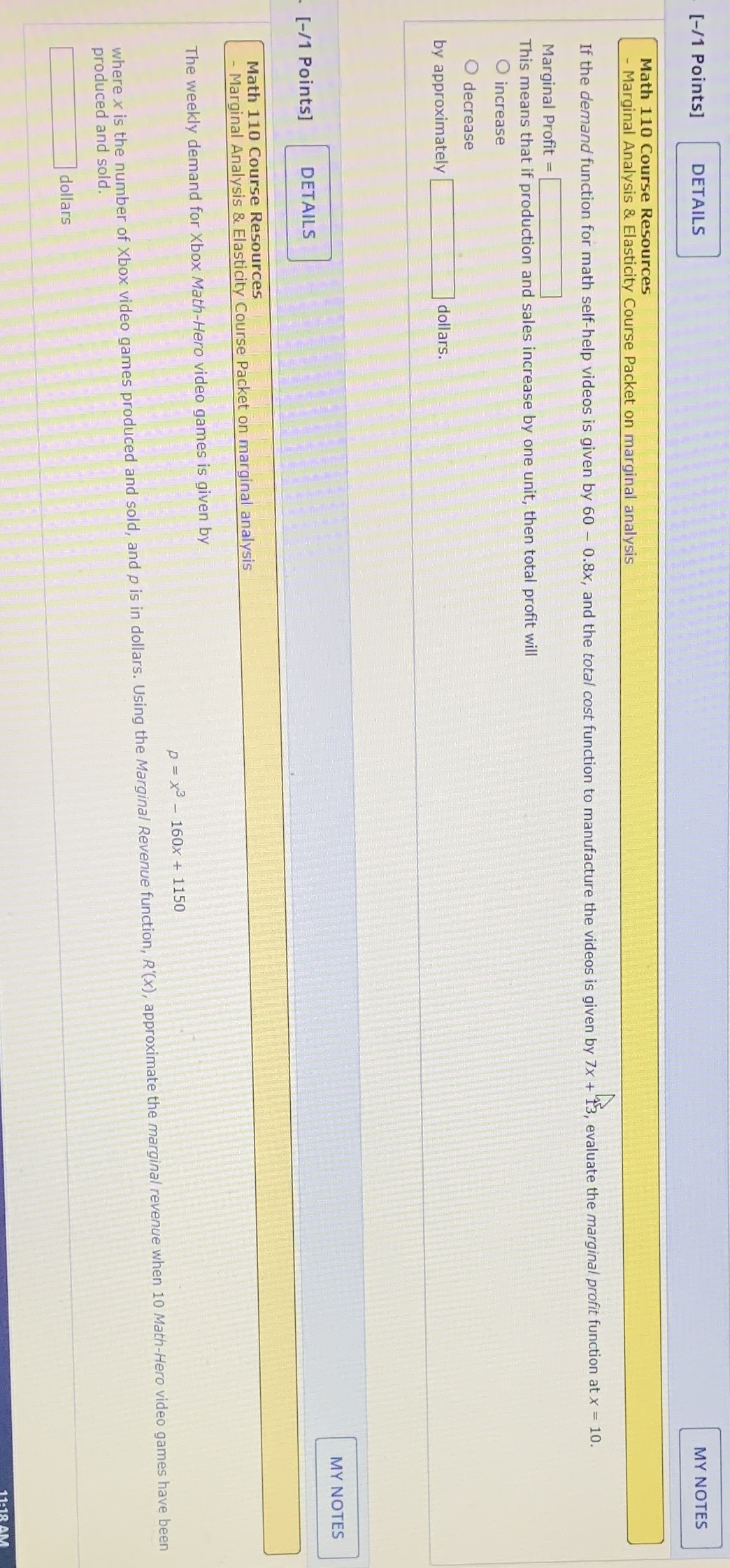Analysis & Elasticity Course Packet on marginal analysis If the demand function