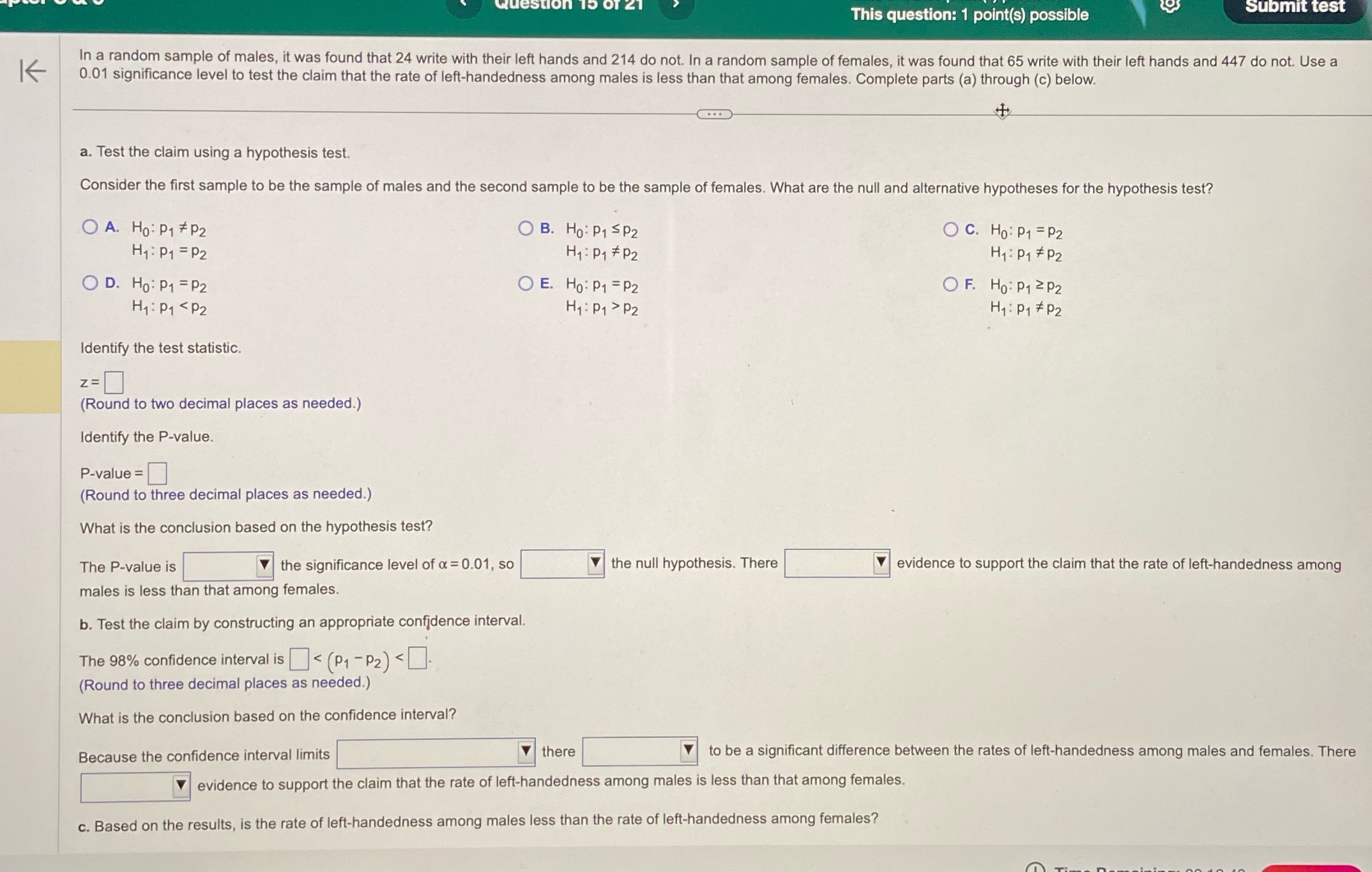  This question: 1 point(s) possible Submit test K In a random