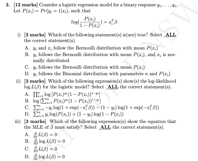  3. [12 marks] Consider a logistic regression model for a binary