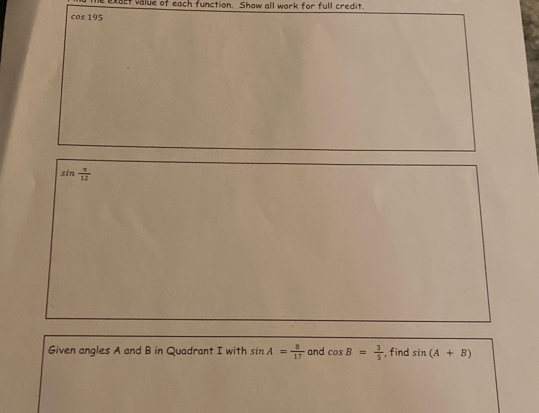cos 195 sin 12 Given angles A and B in Quadrant I
