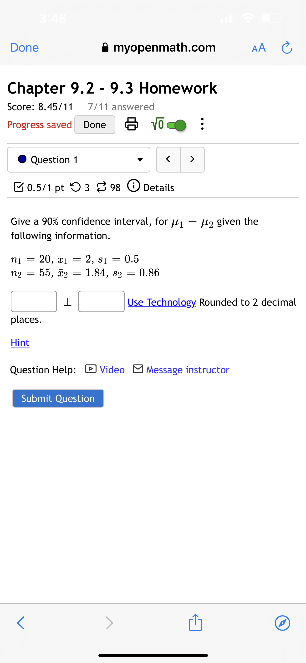 Done 6 myopenmath.com AA (3 Chapter 9.2 - 9.3 Homework Score: