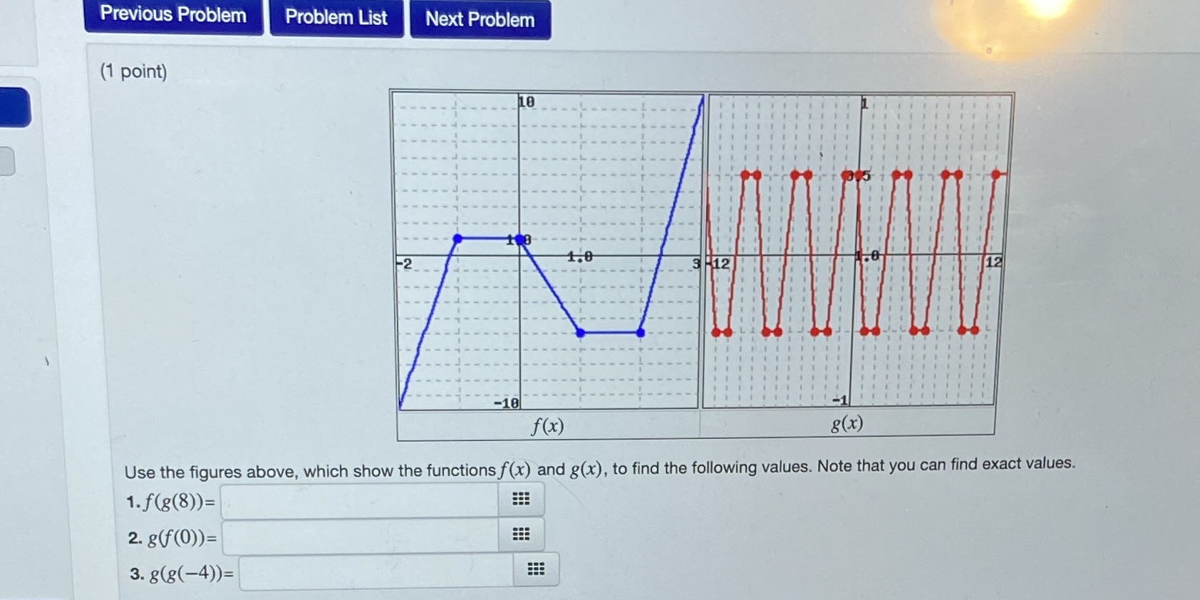 g (x) Use the figures above, which show the functions f(x) and