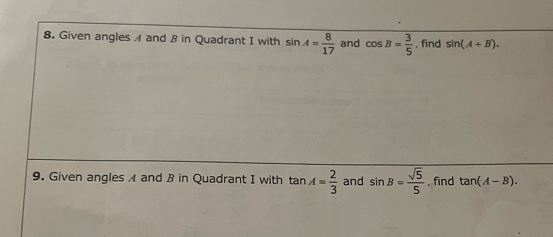 A = 8 and cos B = UT / W 17 find