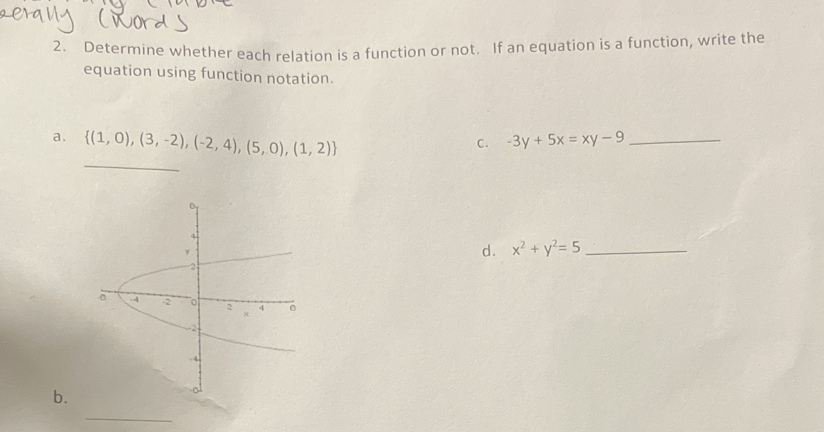zerally (word's 2. Determine whether each relation is a function or
