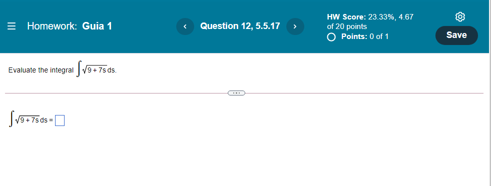 Homework: Guia 1 ds Evaluate the integral Question 12, 5.5.17 HW Score: