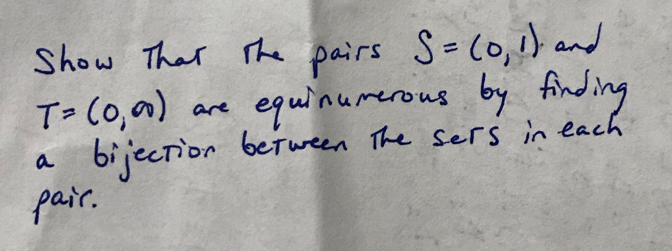 pairs S= (0, 1) and T= (0, 0) are equinumerous by finding