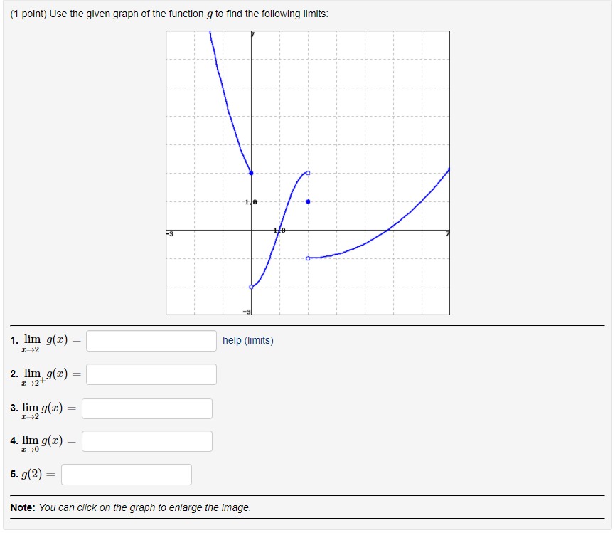 find the following limits: 1. lim g(x) = help (limits) 2. lim
