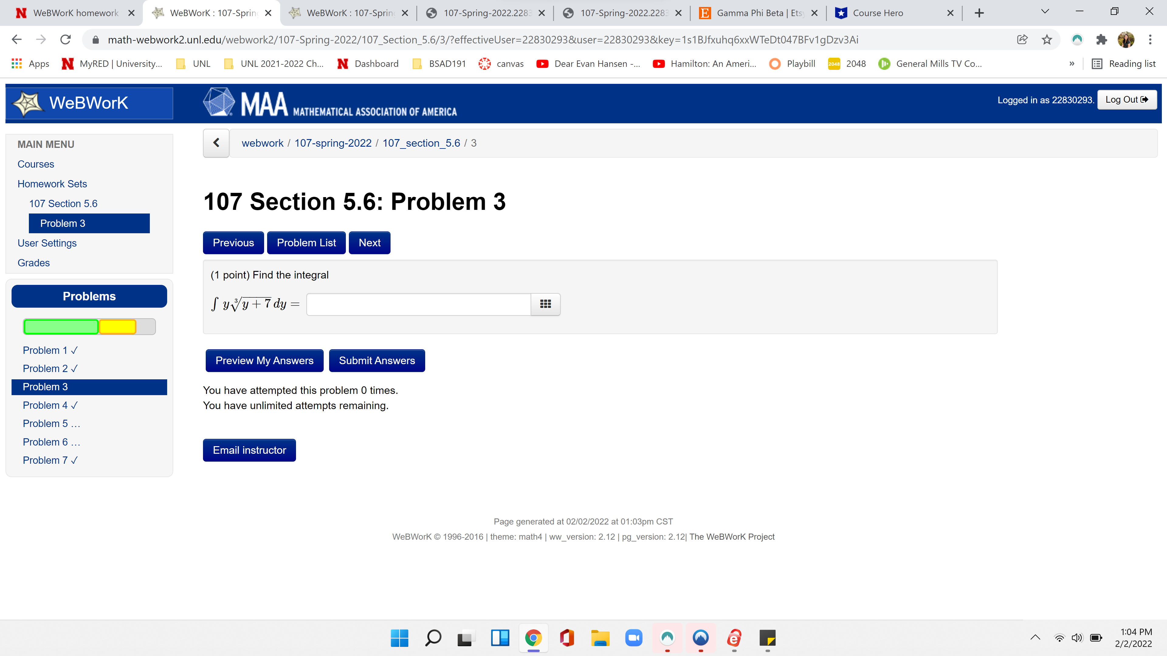  N WeBWork homework X WeBWork : 107-Spring X WeBWork : 107-Spring