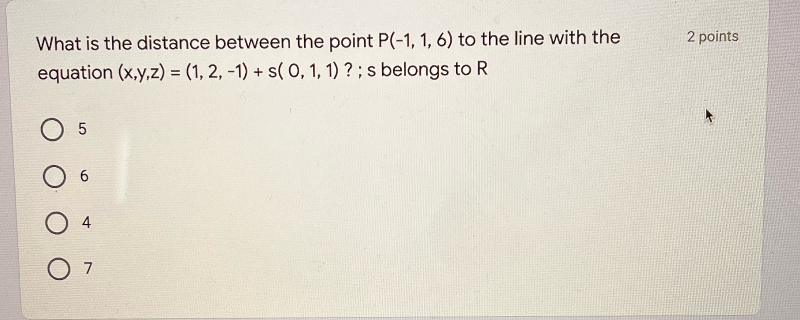 distance between the point P(-1, 1, 6) to the line with the
