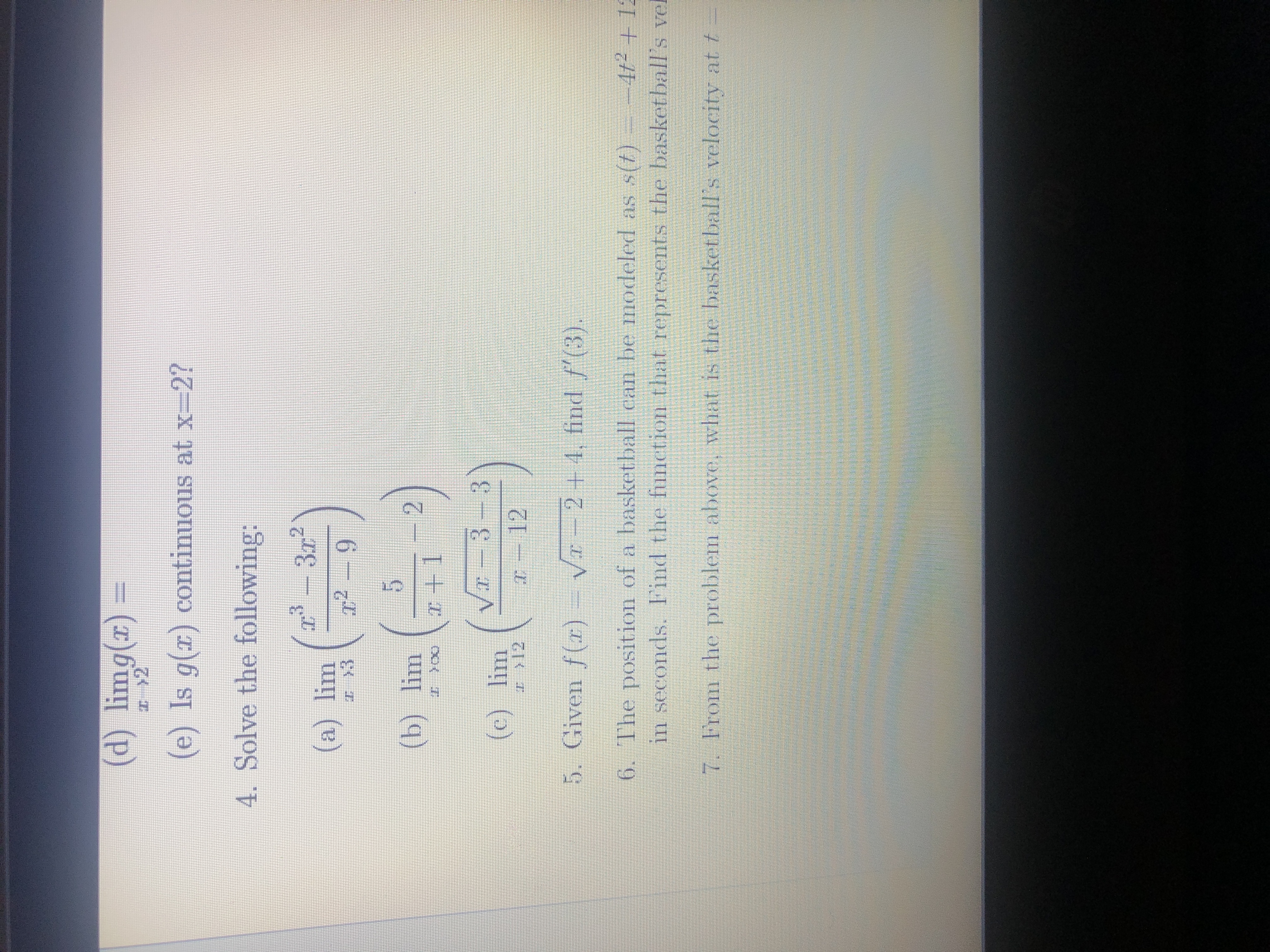  (d) limg(r) = >2 (e) Is g(I) continuous at x-2? 4.