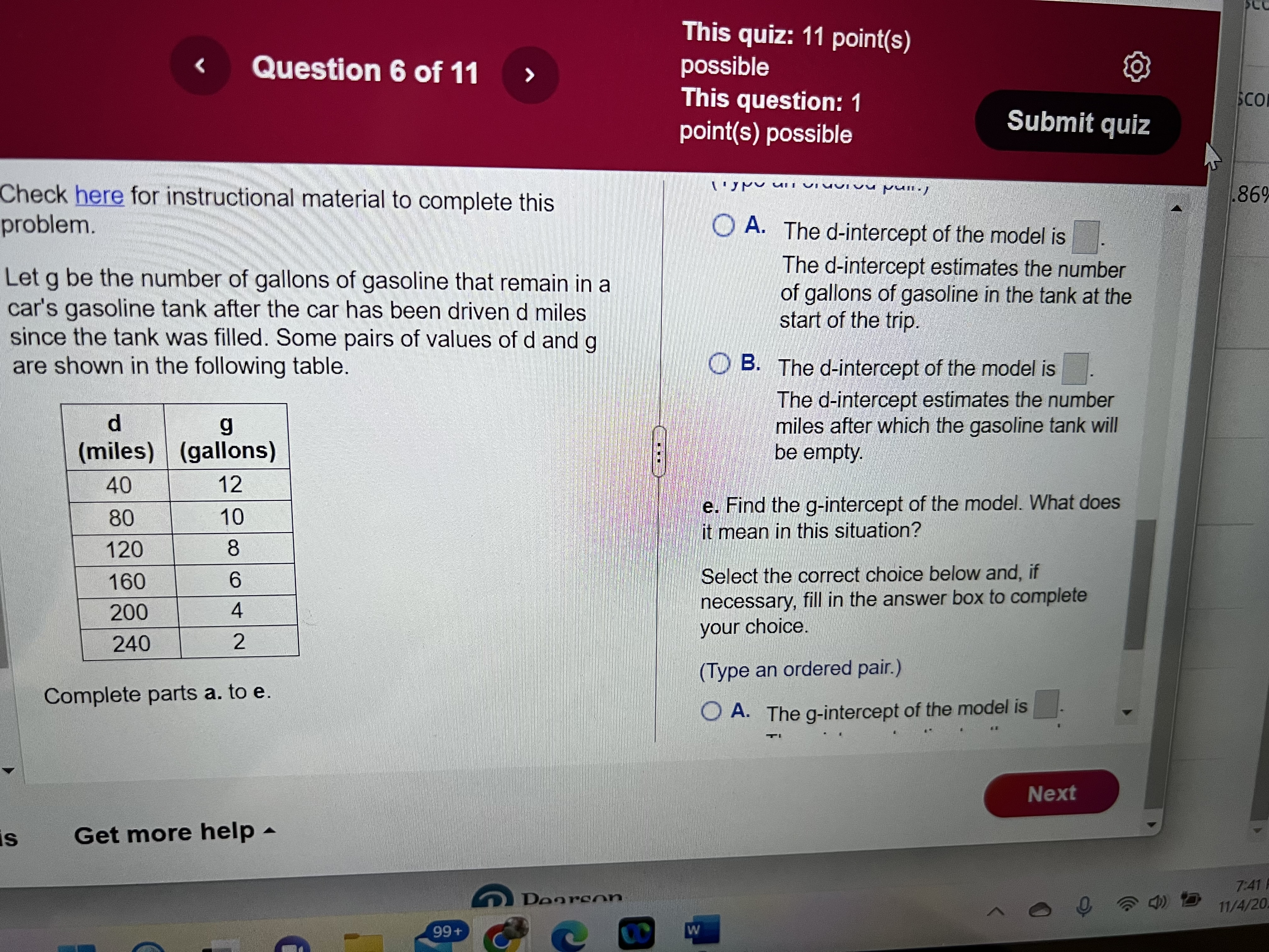e. Find the g-intercept of the model. What does car's gasoline tank