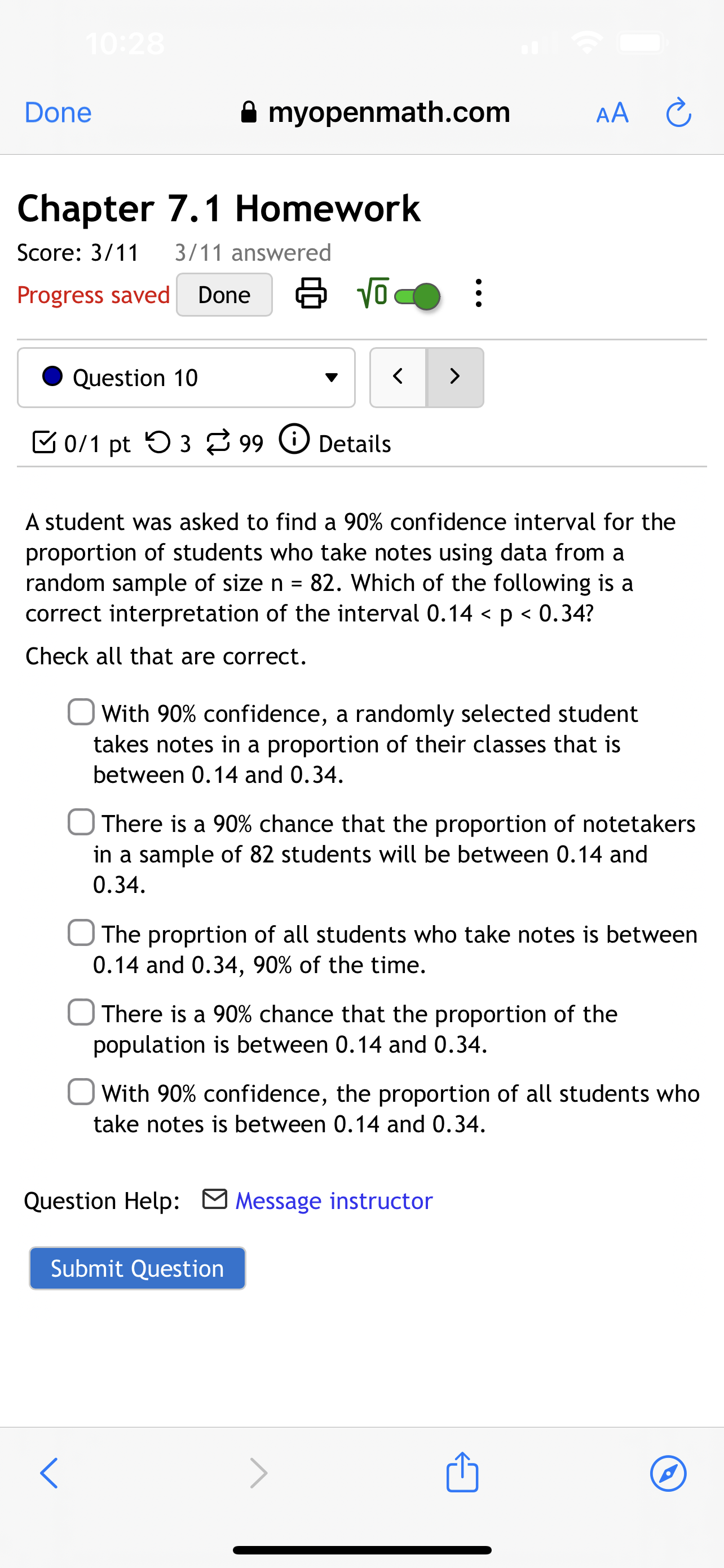 myopenmath.com AA C Chapter 7.1 Homework Score: 3/11 3/11 answered Progress saved