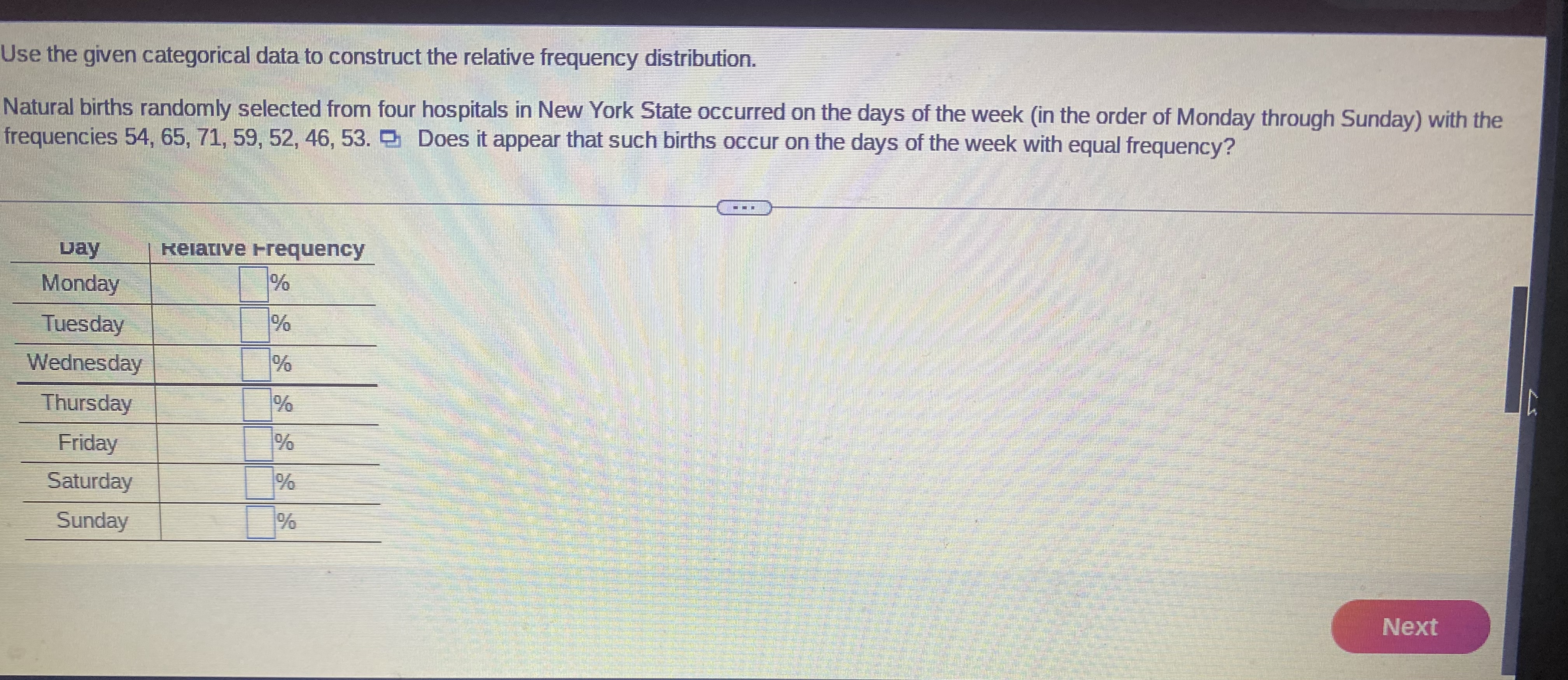  Homework help needed!Question 1 Use the given categorical data to construct