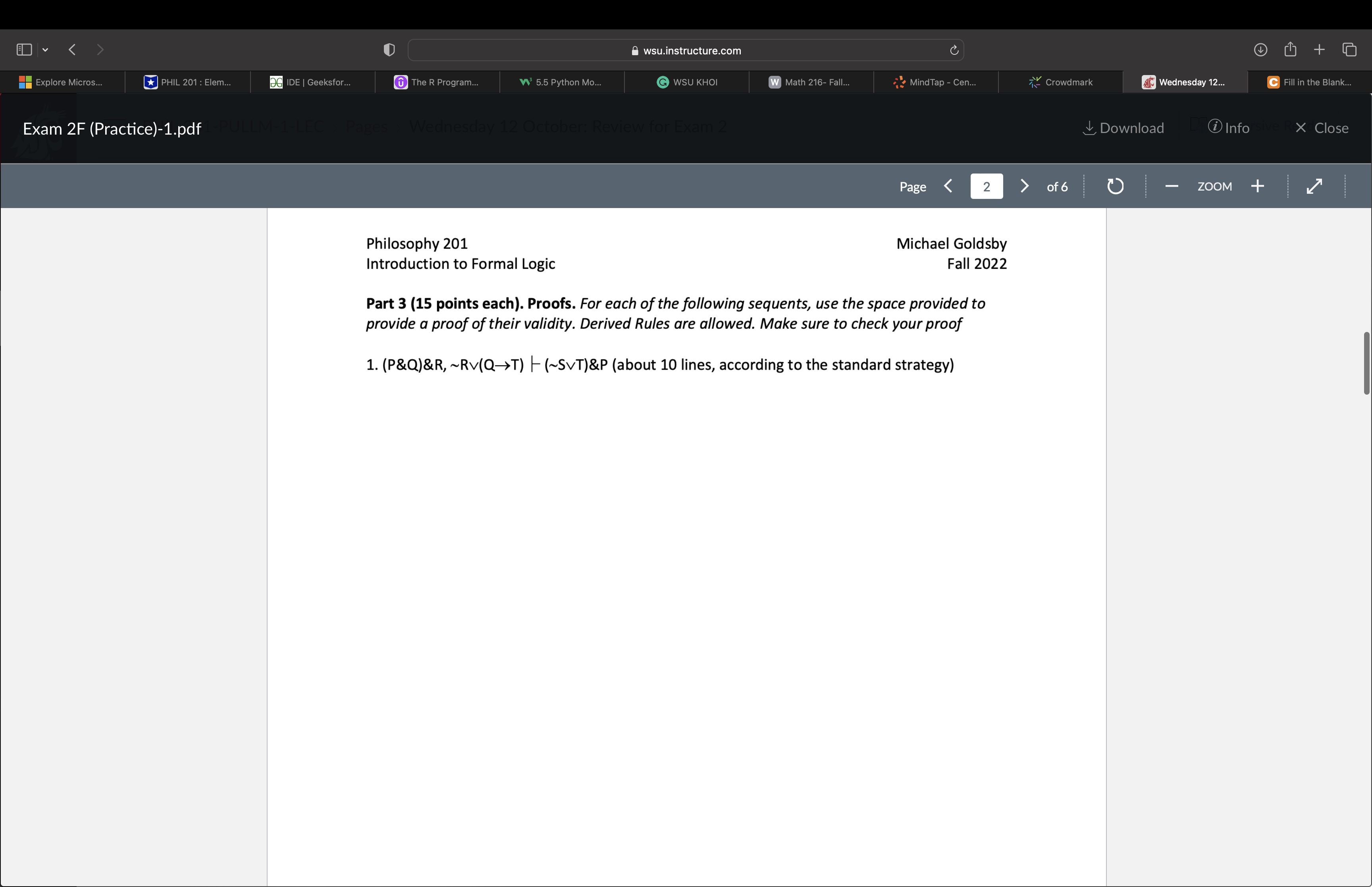  + ID wsu.instructure.com Explore Micros.. PHIL 201 : Elem... DG IDE