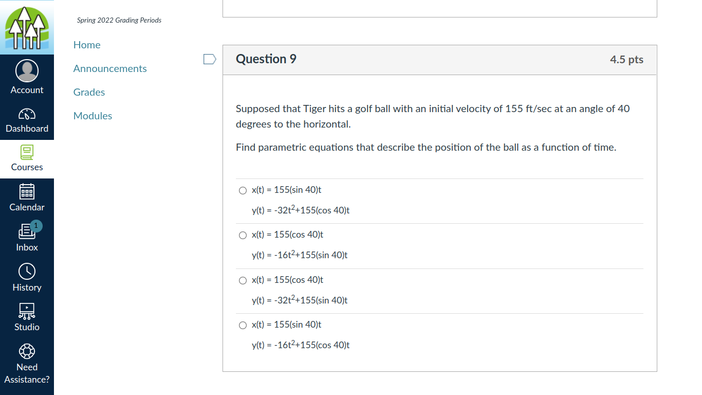 Question 17 4.5 ptsAccount Dash boa rd Courses Calendar Spring 2022 Grading