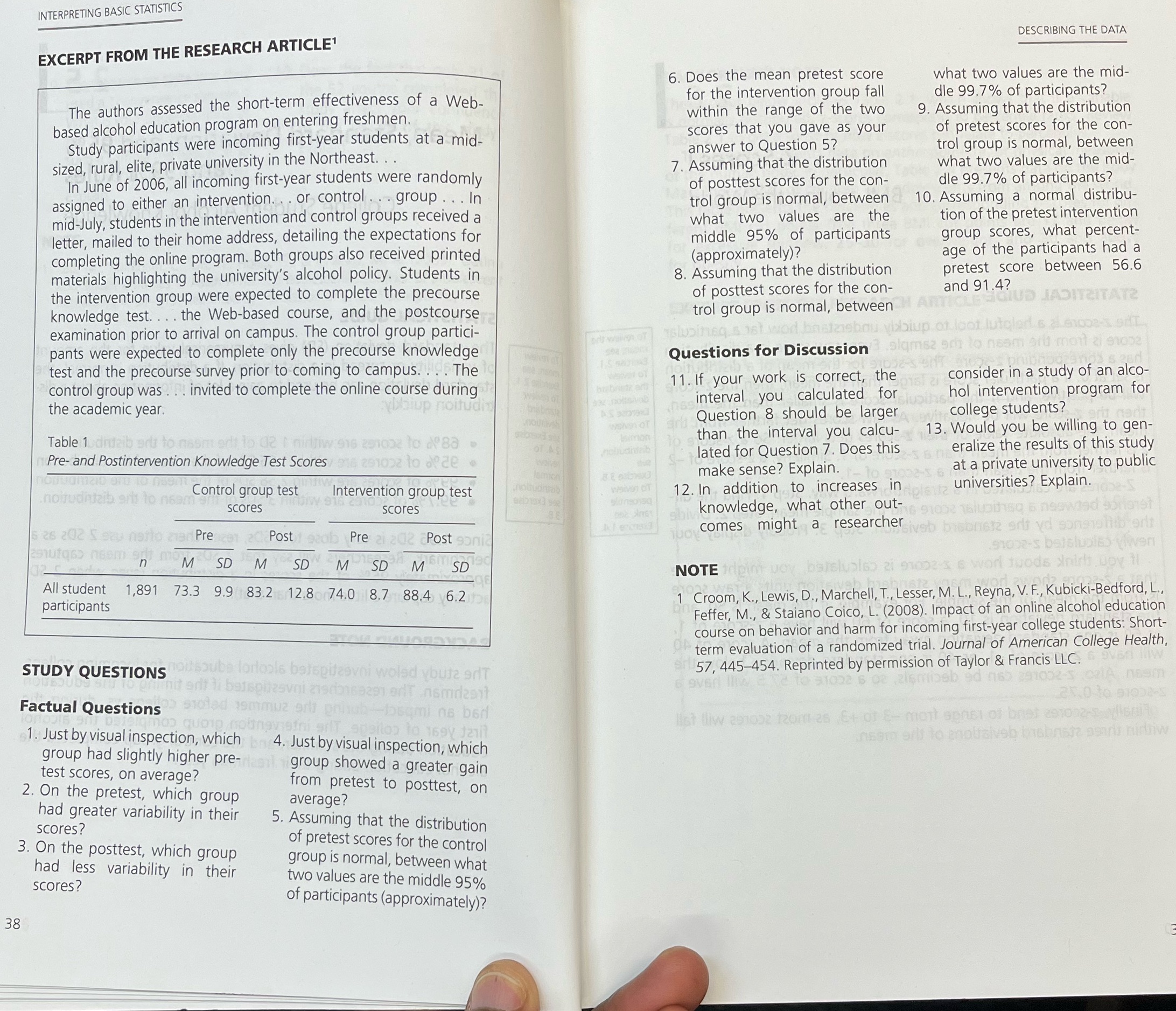  INTERPRETING BASIC STATISTICS EXCERPT FROM THE RESEARCH ARTICLE' DESCRIBING THE DATA
