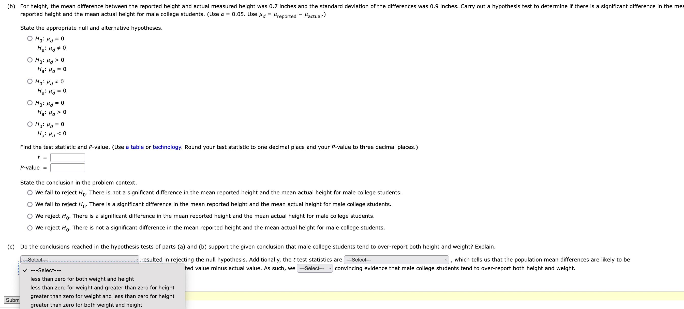 differences was 0.9 inches. Carry out a hypothesis test to determine if