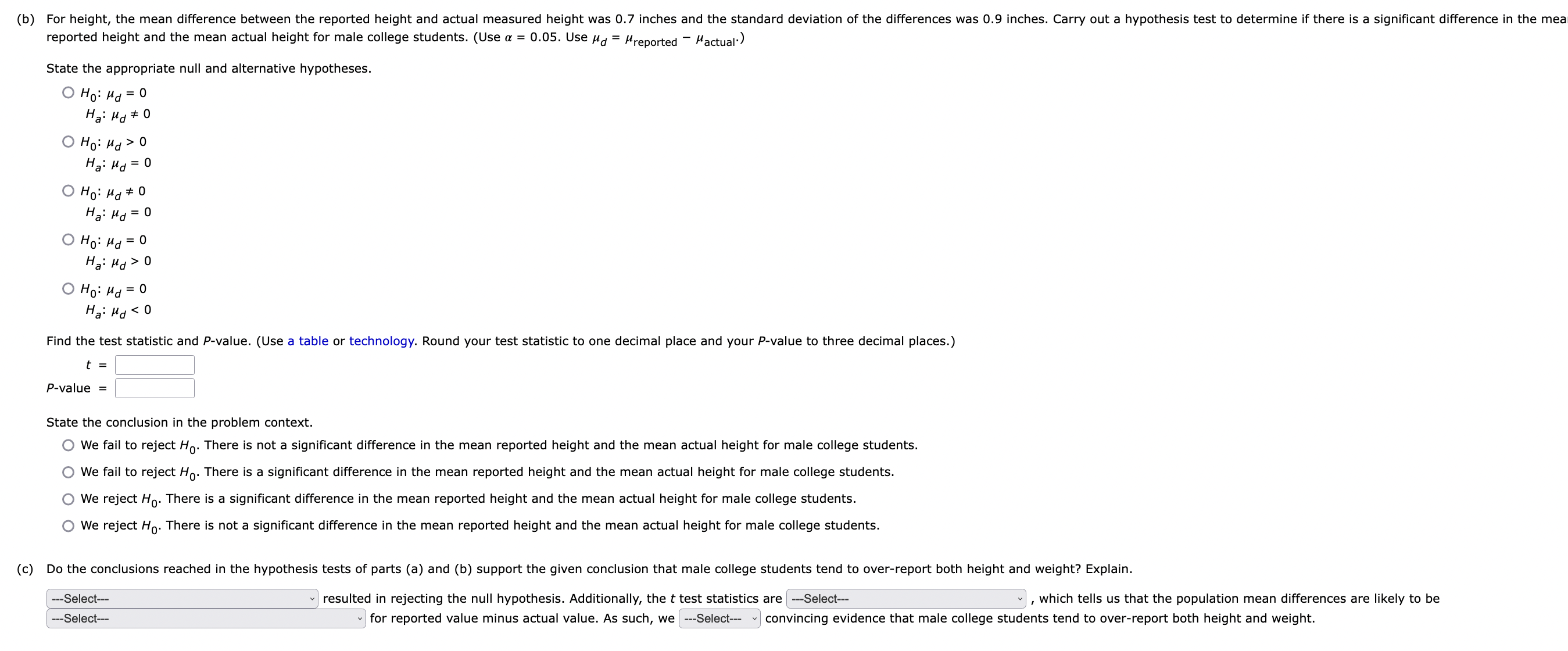 mean actual height for male college students. (Use a = 0.05. Use
