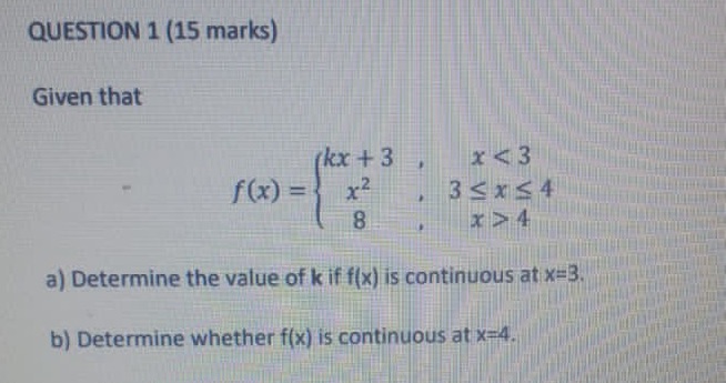 QUESTION 1 (15 marks) Given that f(x) = kx+3 2 x 8