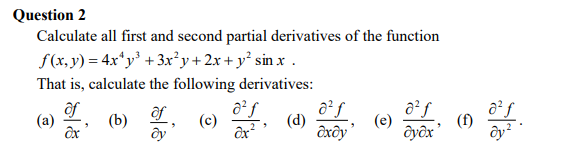 Calculate all first and second partial derivatives of the function f(x, y)