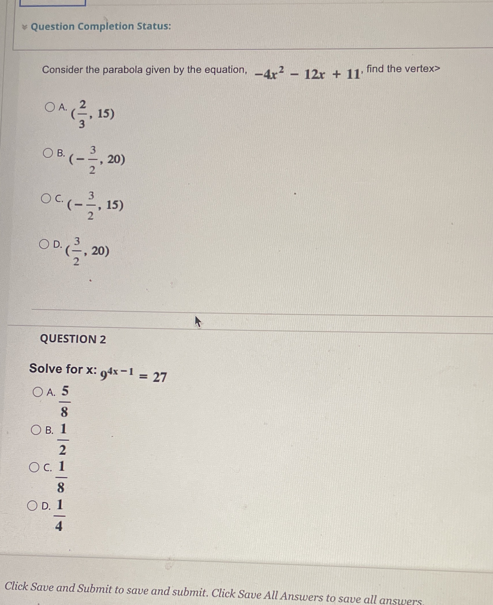- 12x + 1 1, find the vertex> O A. ( 2,