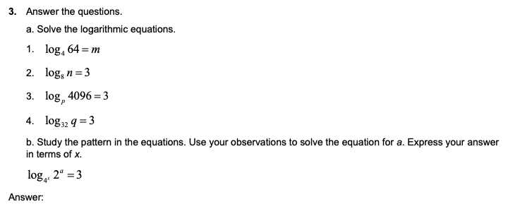 64 = m 2. log, n =3 3. log 4096 =3 4.