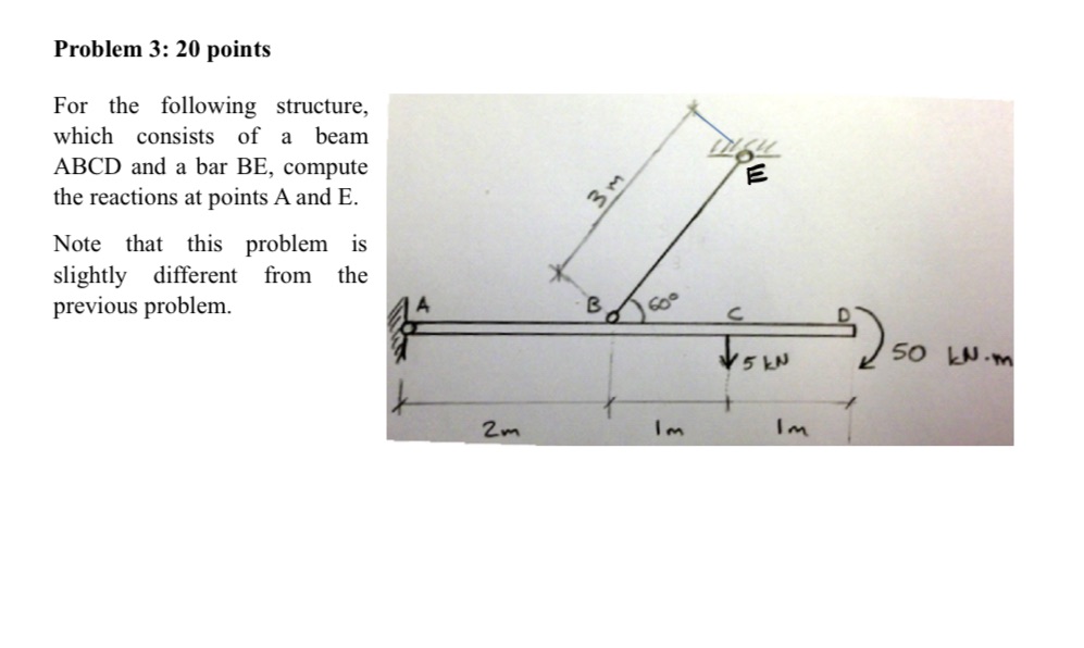 a beam ABCD and a bar BE, compute the reactions at points