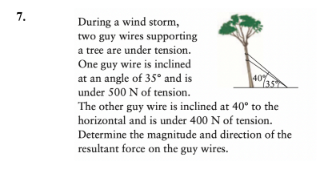 7. During a wind storm, two guy wires supporting a tree