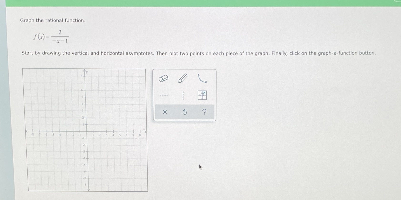 Start by drawing the vertical and horizontal asymptotes. Then plot two points