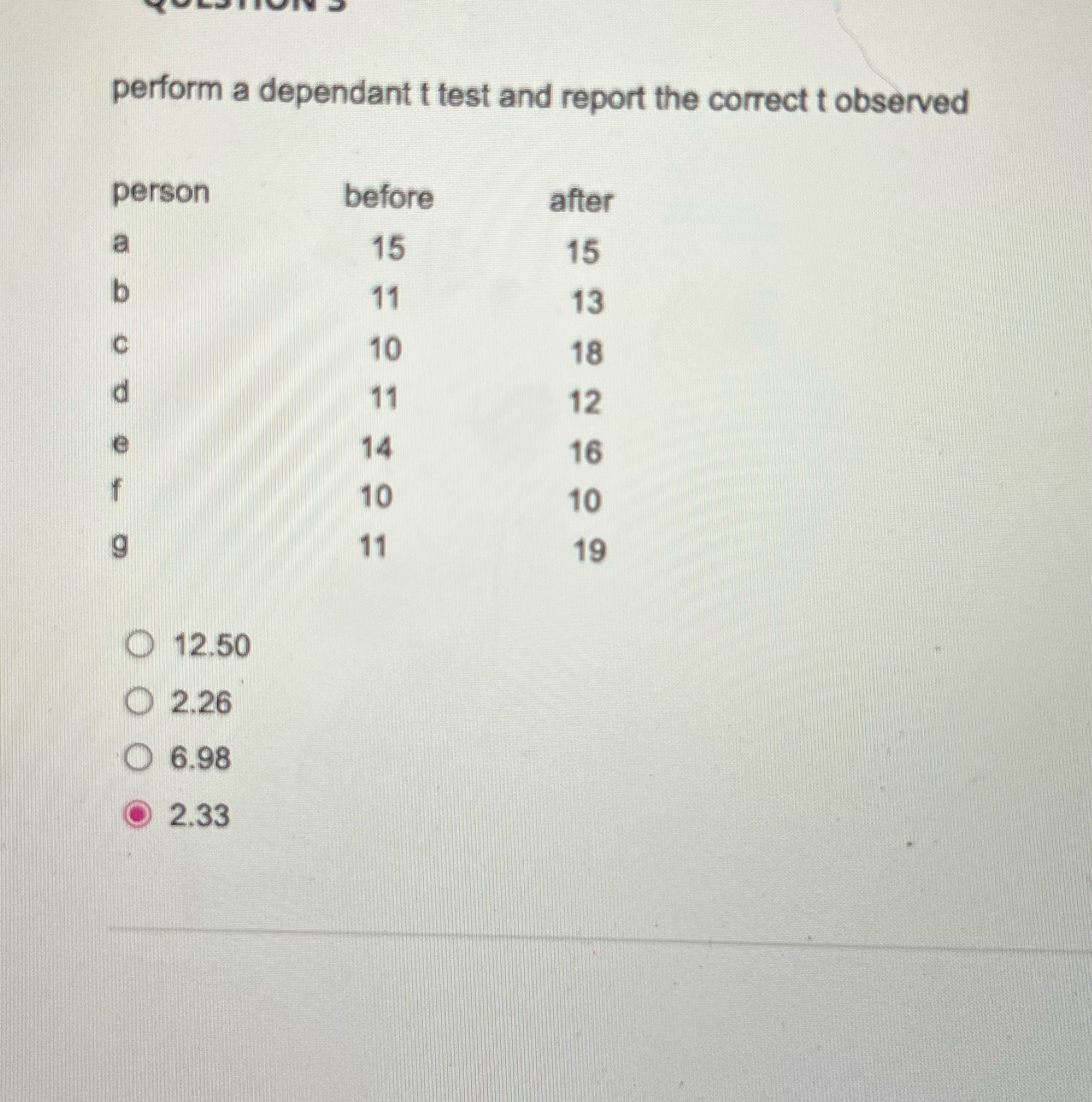  Need help perform a dependant t test and report the correct